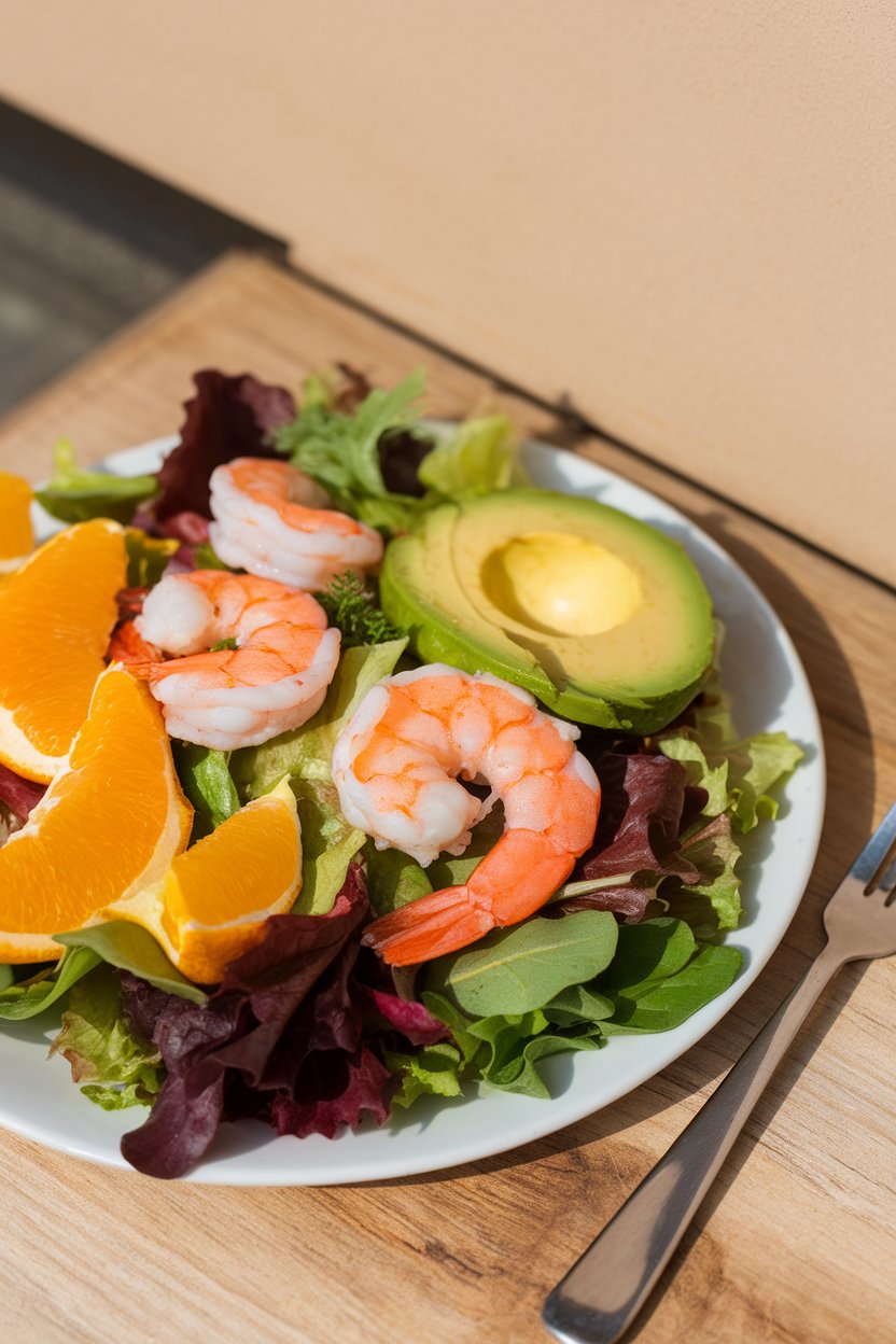 Indoor salad plate with mixed greens, cooked citrus-marinated shrimp, orange segments, and sliced avocado; bright window light; photo, no text or logos.