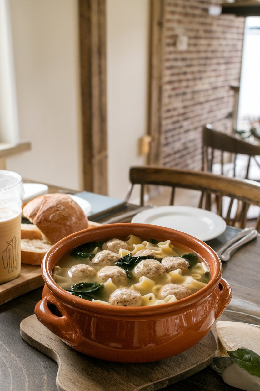 Indoor dining room with a ceramic bowl of Italian wedding soup, tiny meatballs, acini di pepe pasta, and spinach floating in clear broth. No text or logos. Photo.