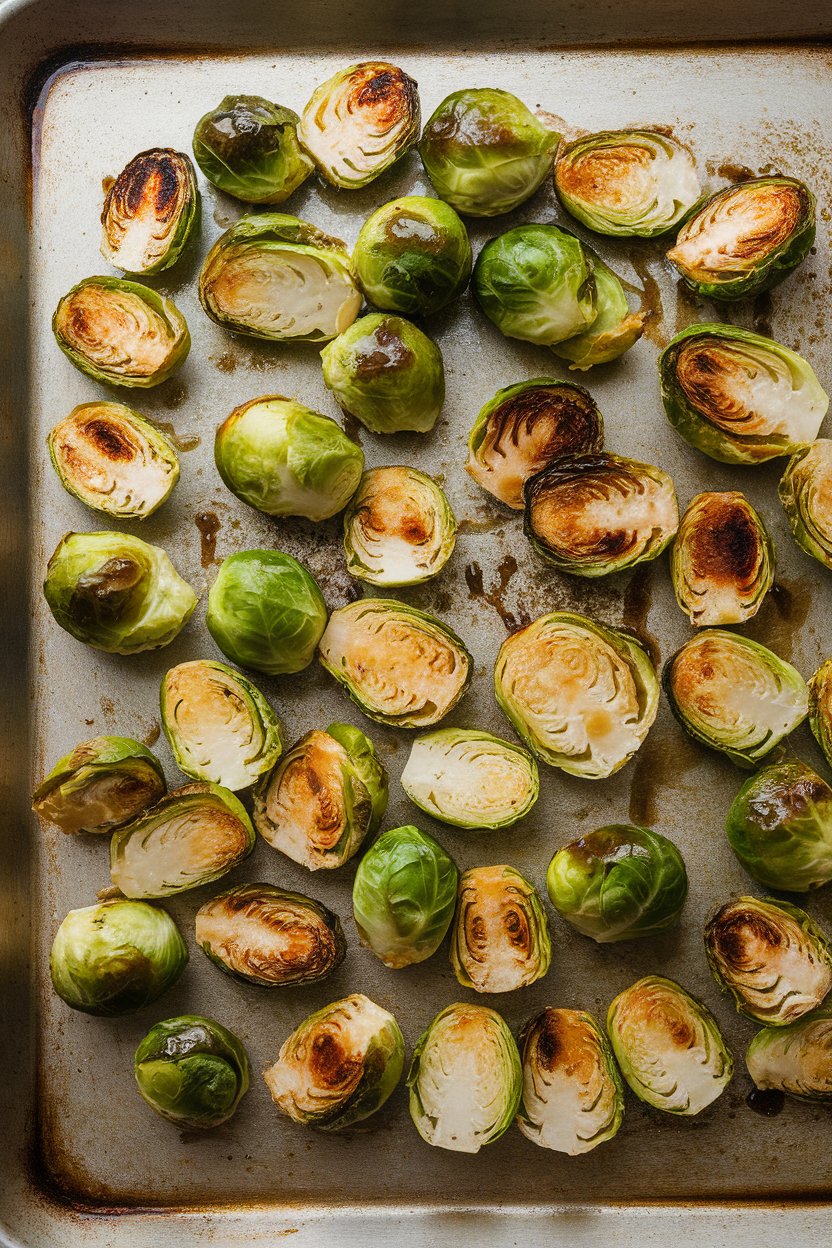Indoor photo of halved Brussels sprouts roasted to a deep golden brown on a sheet pan, glossed with balsamic glaze. No text or logos; photo.