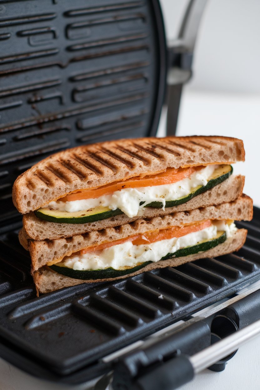 An indoor panini press scene with a sliced whole-grain panini oozing goat cheese and grilled zucchini. No text or logos visible. Photo only.