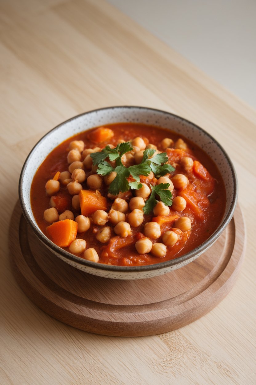 Photo of an indoor bowl filled with tomato-based chickpea stew, chunks of carrot and apricot visible, coriander garnish, no text or logos