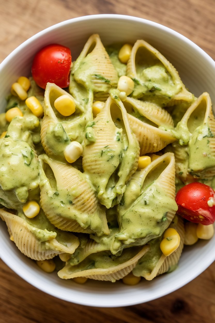 Photo prompt: Indoor bowl of whole-wheat pasta shells coated in creamy avocado-cilantro sauce with cherry tomatoes and corn kernels. No text or logos.