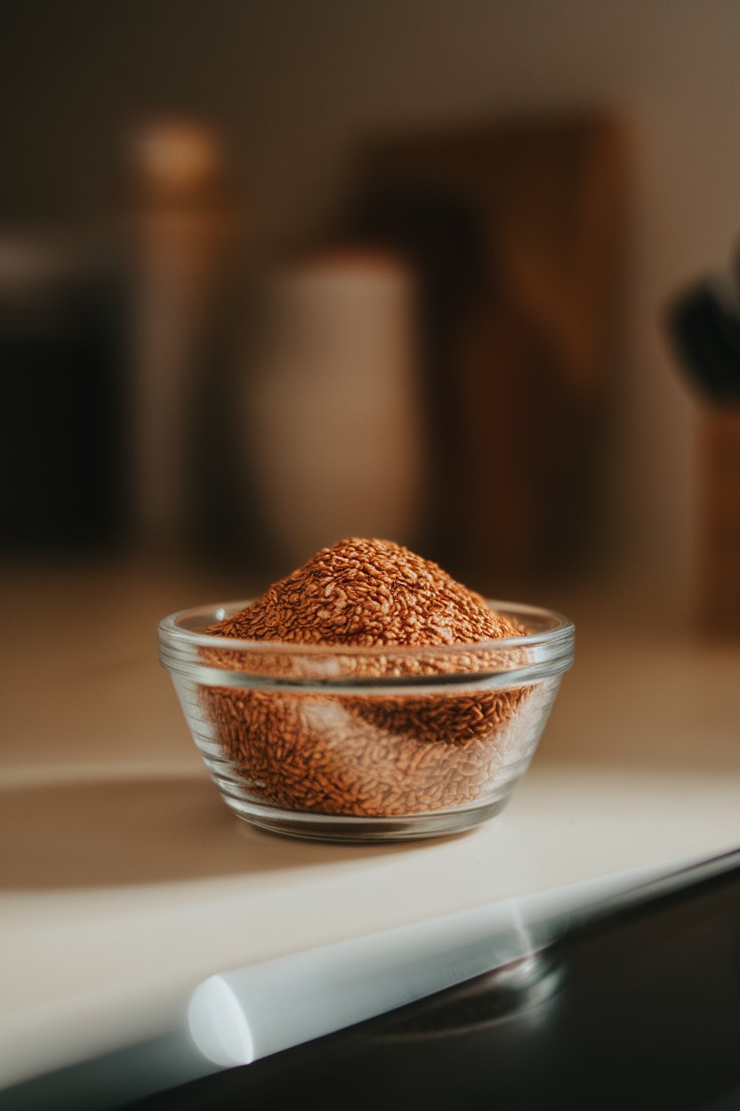 Photo of ground flaxseed in a small glass bowl on an indoor counter, warm spotlight, no text or logos