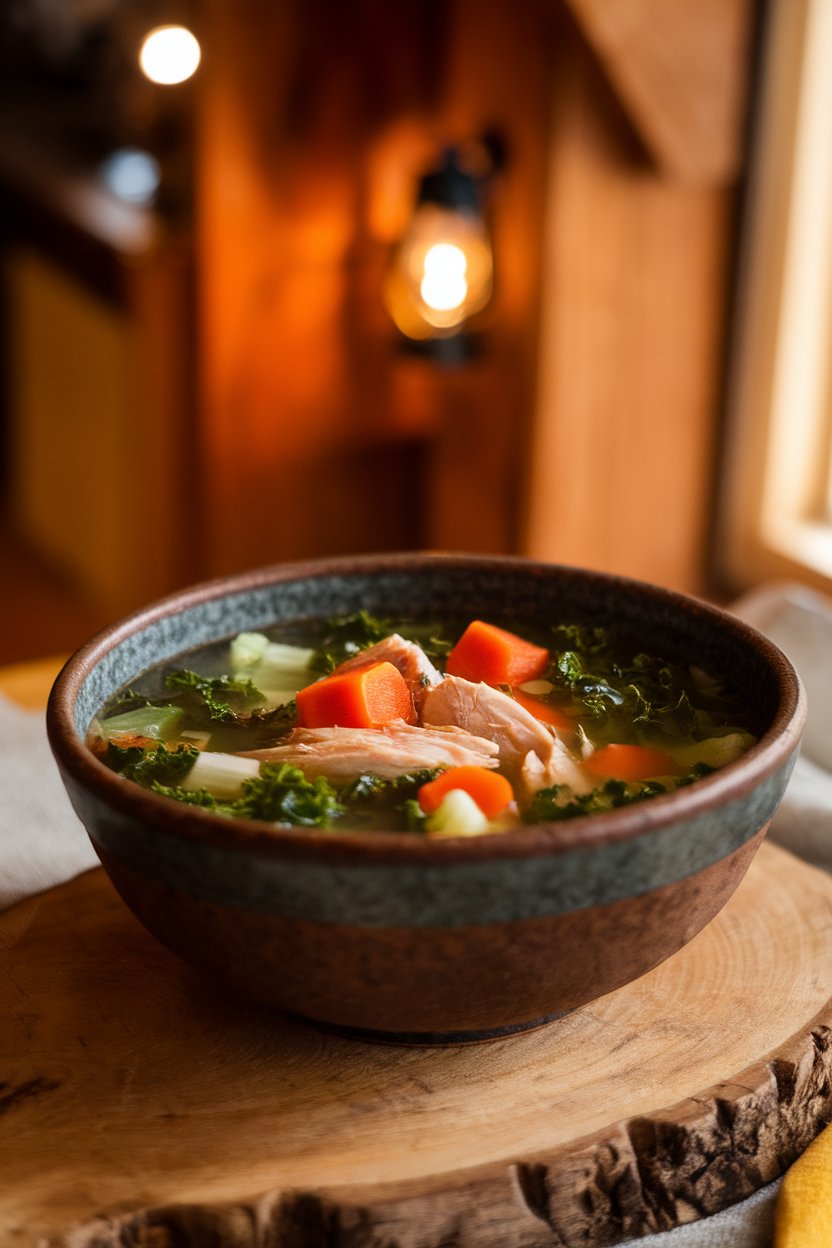 Indoor photo of a rustic bowl of chicken and kale soup with diced carrots and celery floating in clear broth, captured in warm kitchen lighting; no text or logos
