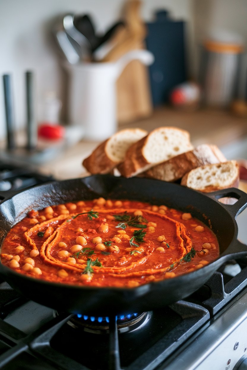 A cast-iron skillet on an indoor stove containing tomato-pepper stew dotted with chickpeas and swirls of harissa, bread slices resting beside. No text or logos; photo, not illustration.