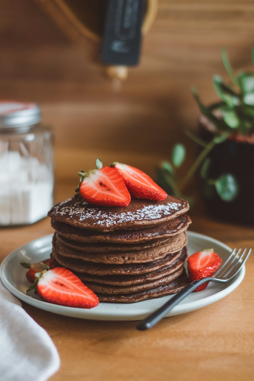 A warm indoor setting featuring dark buckwheat pancakes stacked high, sliced strawberries scattered on top, light dusting of coconut sugar; no text or logos, photo only.