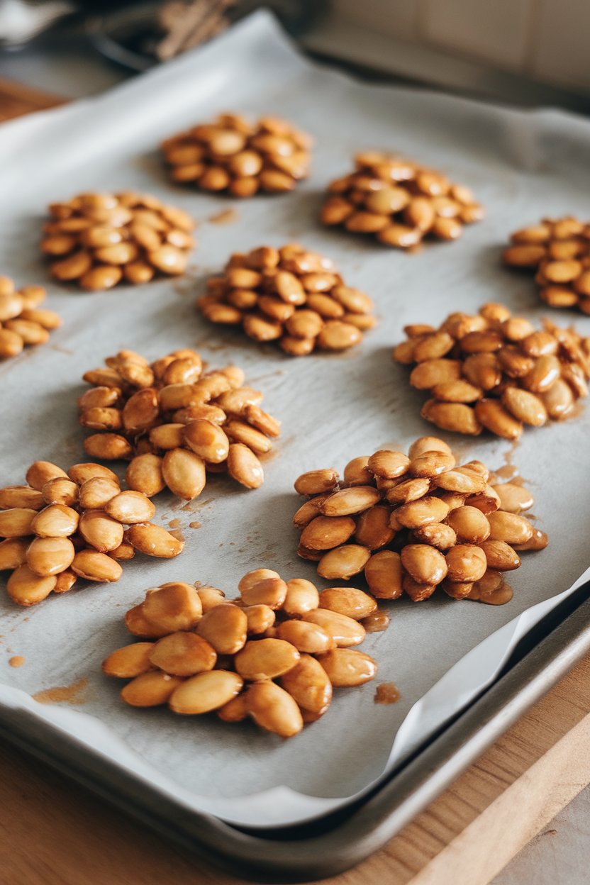 An indoor baking sheet lined with parchment, dotted with clusters of roasted pumpkin seeds bound with a light maple glaze. No text or logos.