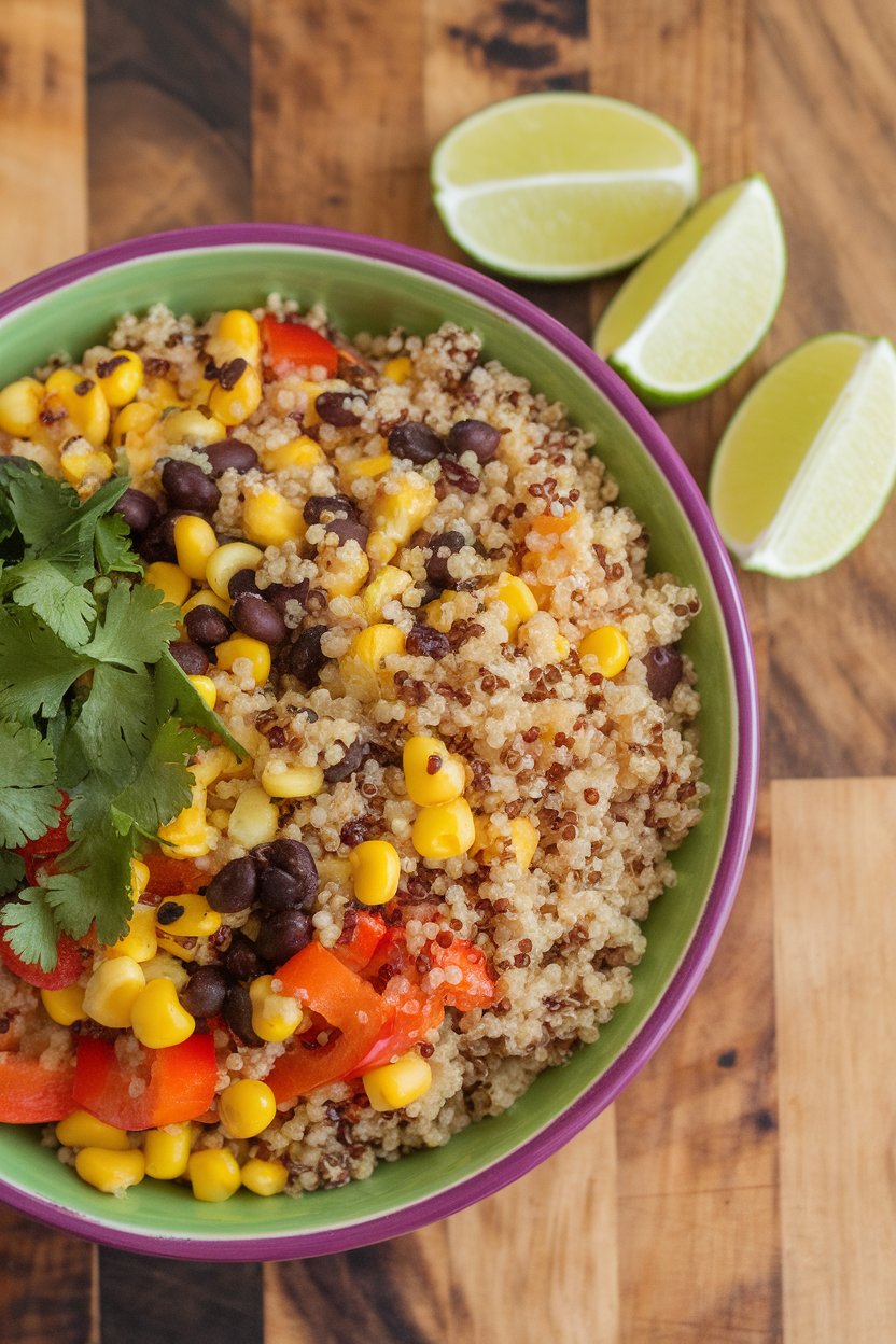Indoor photo of a colorful bowl filled with quinoa, charred corn kernels, diced bell peppers, black beans, and cilantro, with lime wedges alongside. No text or logos.