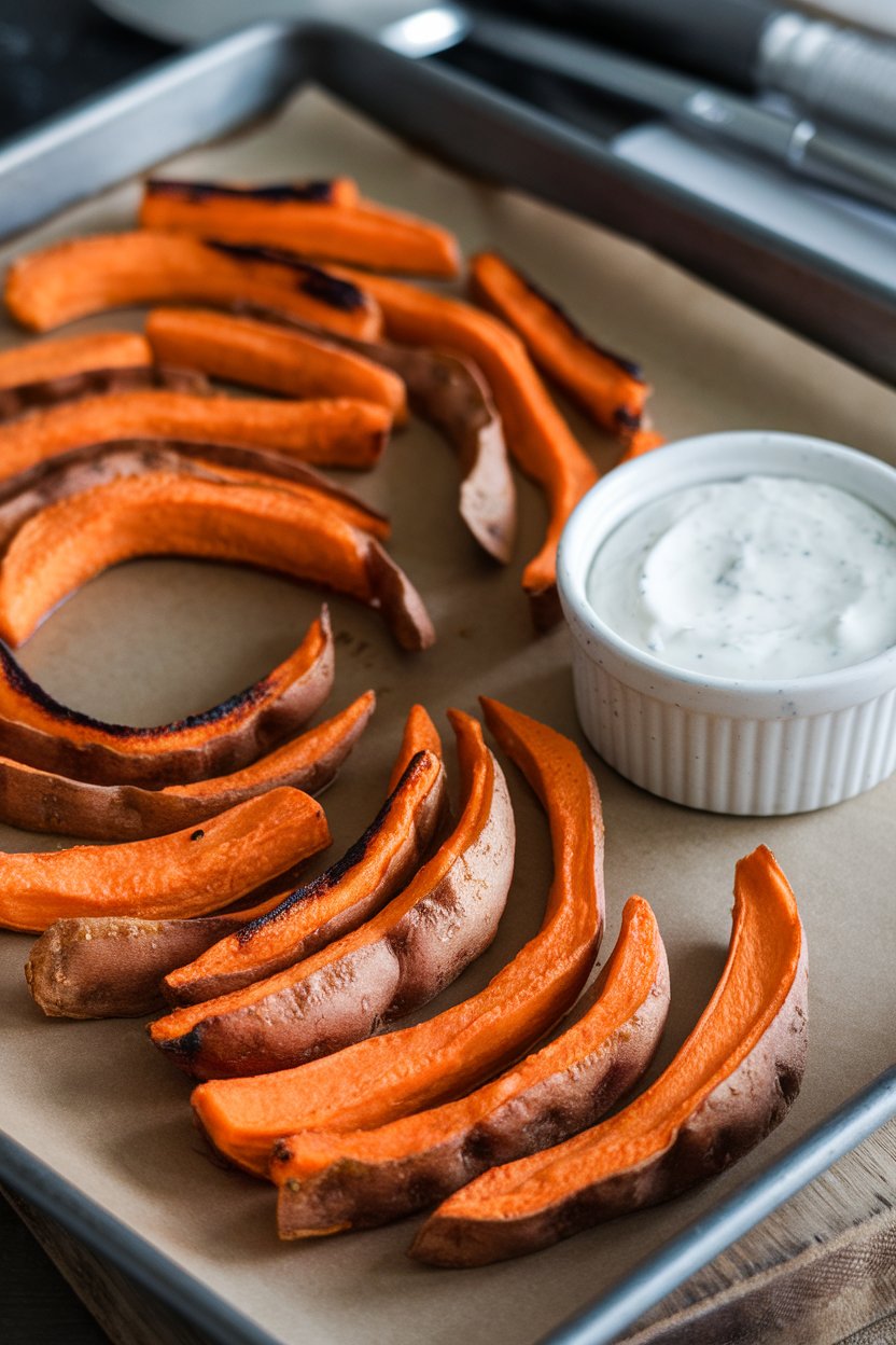 An indoor baking sheet of crispy baked sweet potato fries beside a small ramekin of yogurt-based ranch dip. Photo, no logos or text.