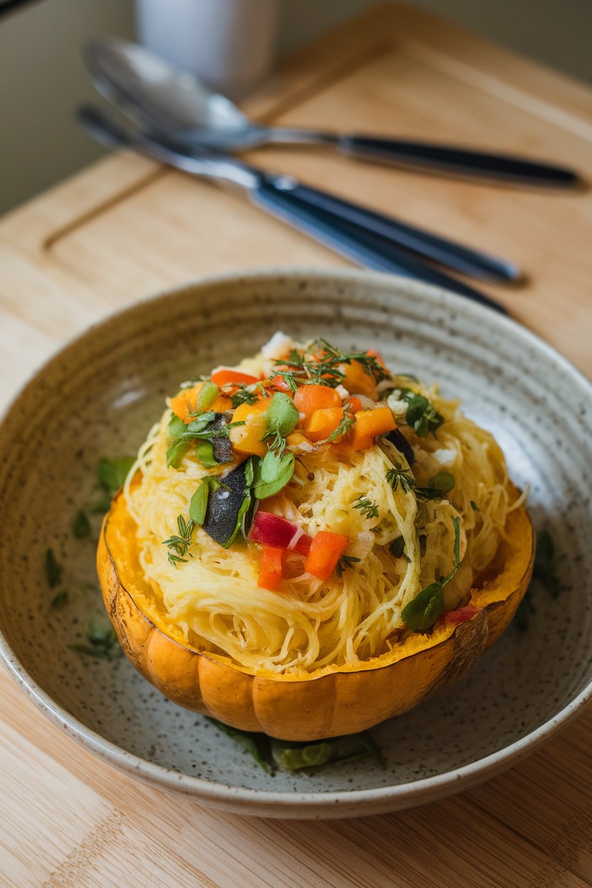 Indoor photo of strands of roasted spaghetti squash tossed with colorful winter vegetables and herbs, served in a shallow bowl. No text or logos.