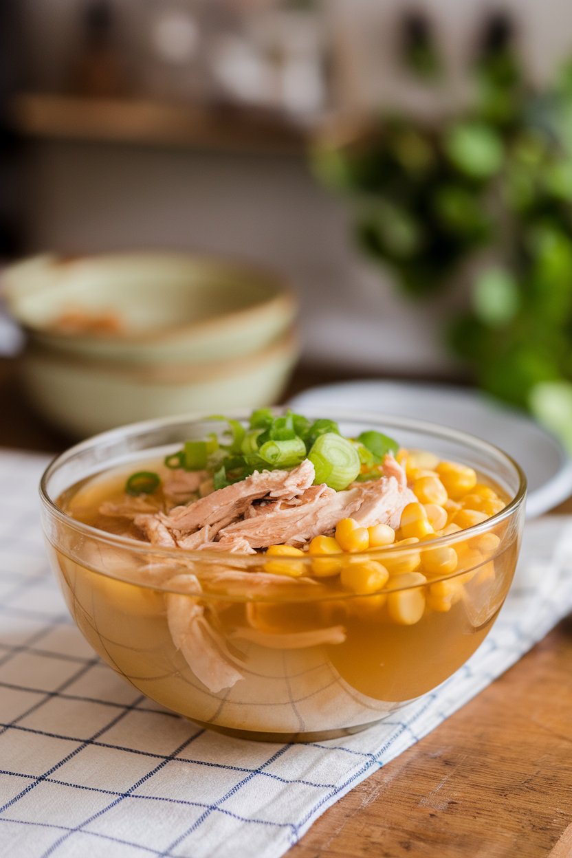 A soup bowl on an indoor table filled with clear broth, shredded chicken, kernels of sweet corn, and fresh scallions; no text or logos; photo.