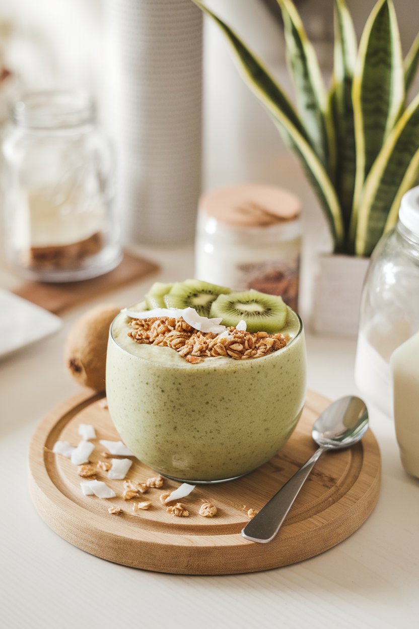 Indoor breakfast bar with a thick green smoothie bowl topped with granola, kiwi slices, and coconut shavings. Photo, no text or logos visible.