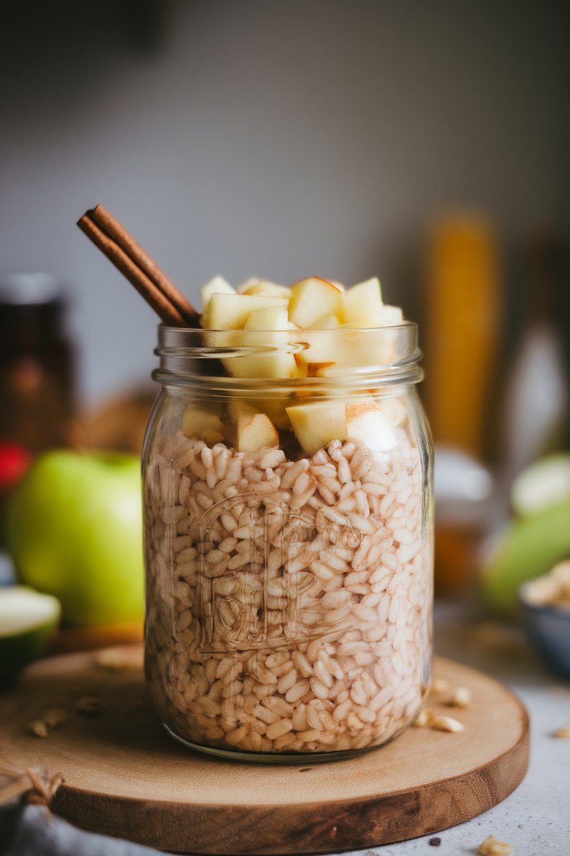 Indoor photo of a jar of overnight farro with visible apple chunks and cinnamon on top, side lighting, no text or logos