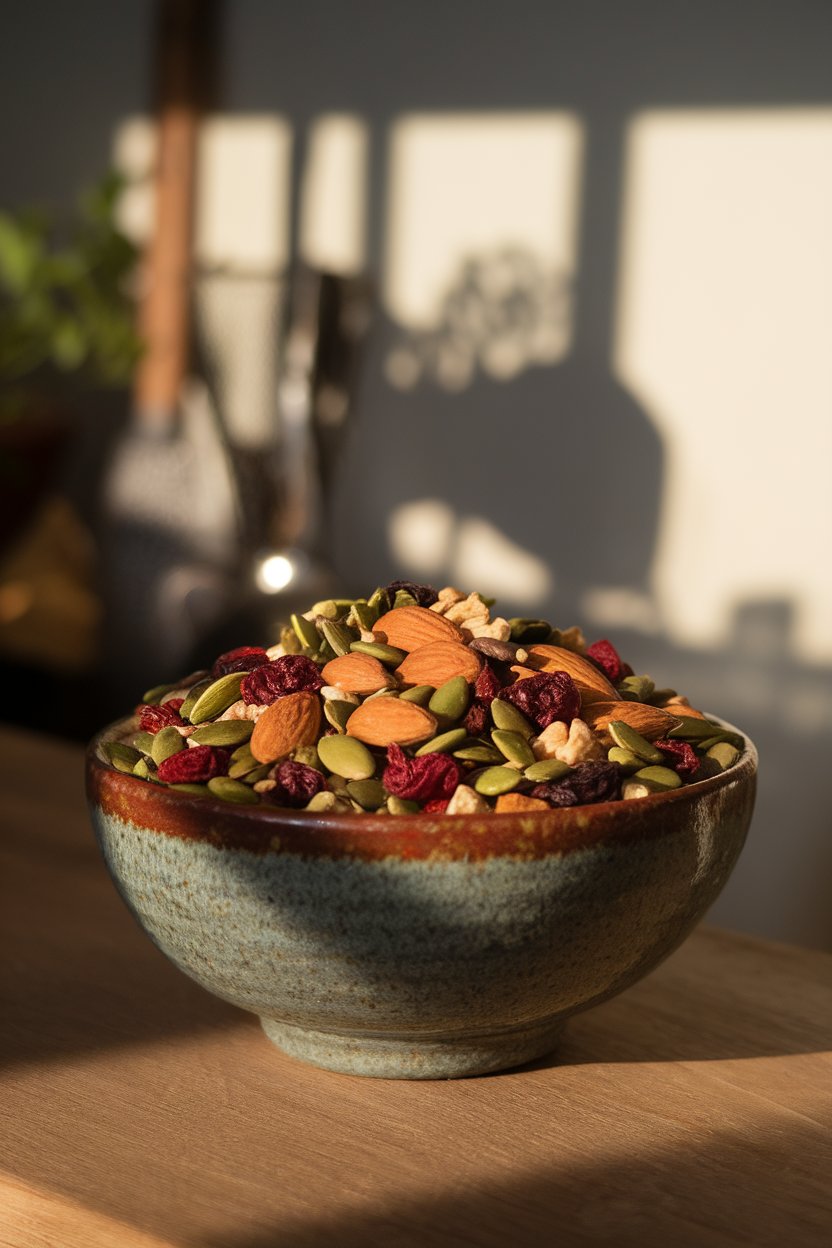 An indoor rustic bowl holding a colorful mix of almonds, walnuts, pumpkin seeds, dried cranberries, and dark-chocolate pieces. No text or logos visible.