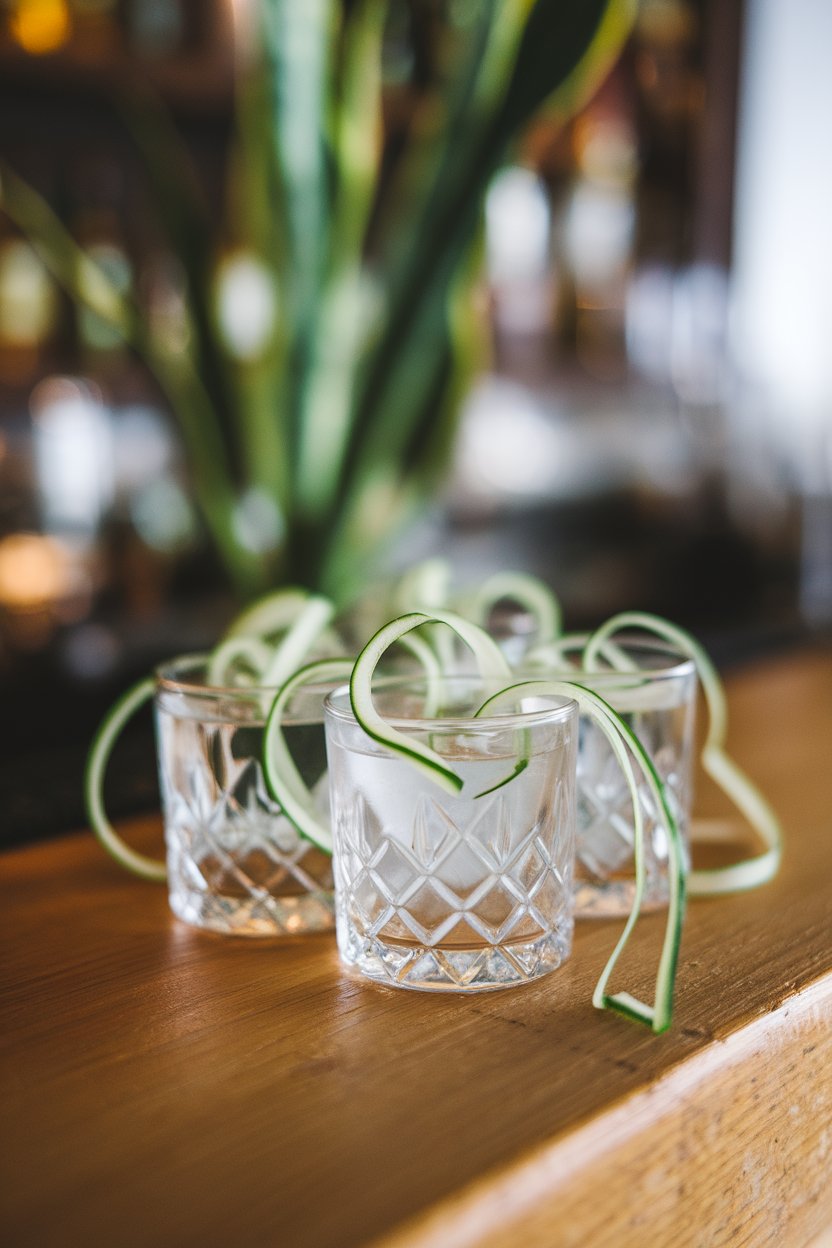 Photo of crystal-clear shots with thin cucumber ribbon, indoor bar; no text or logos.