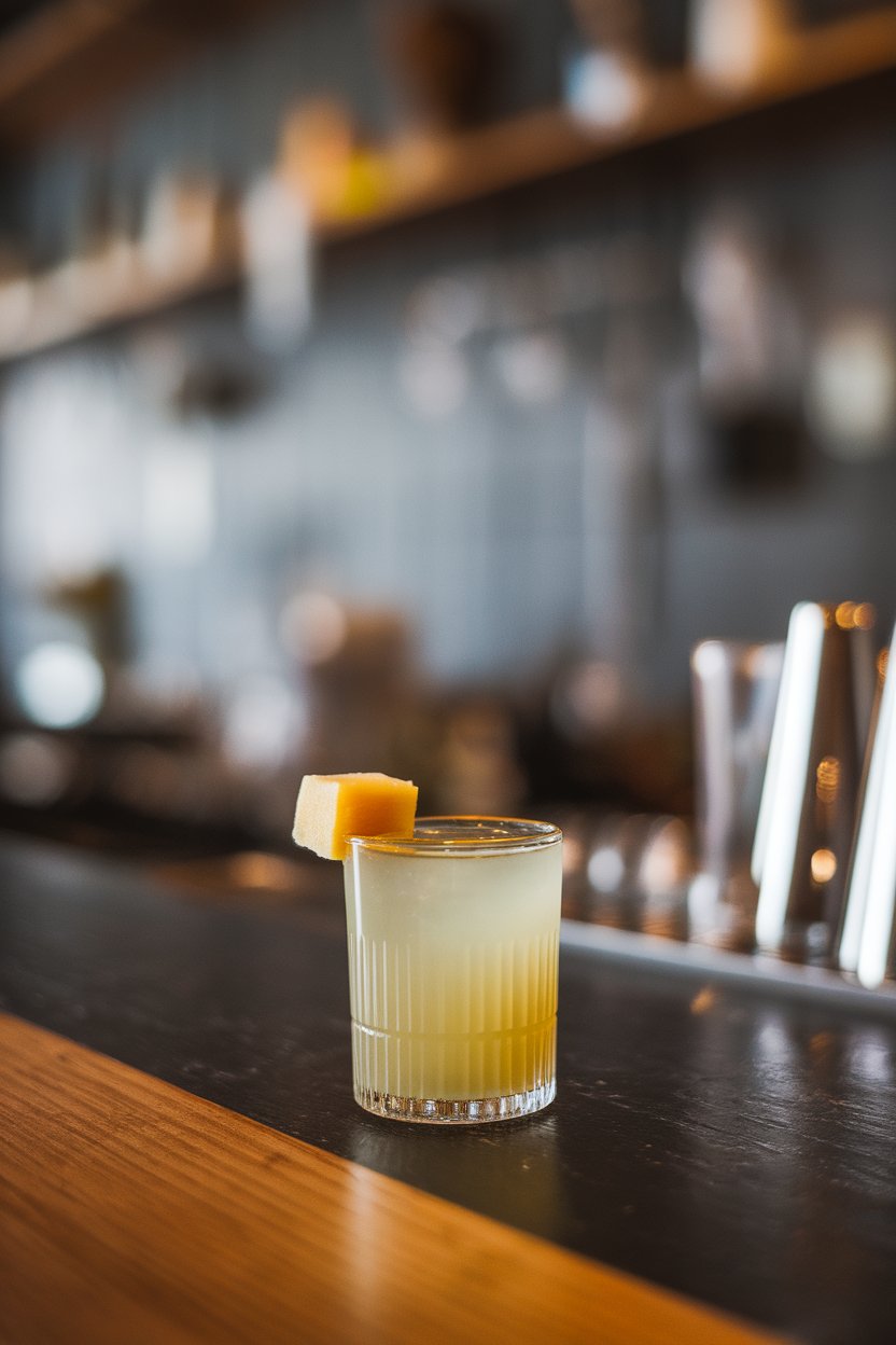 Photo of pale-yellow shots with candied ginger cube on rim, indoor bar; no text or logos.