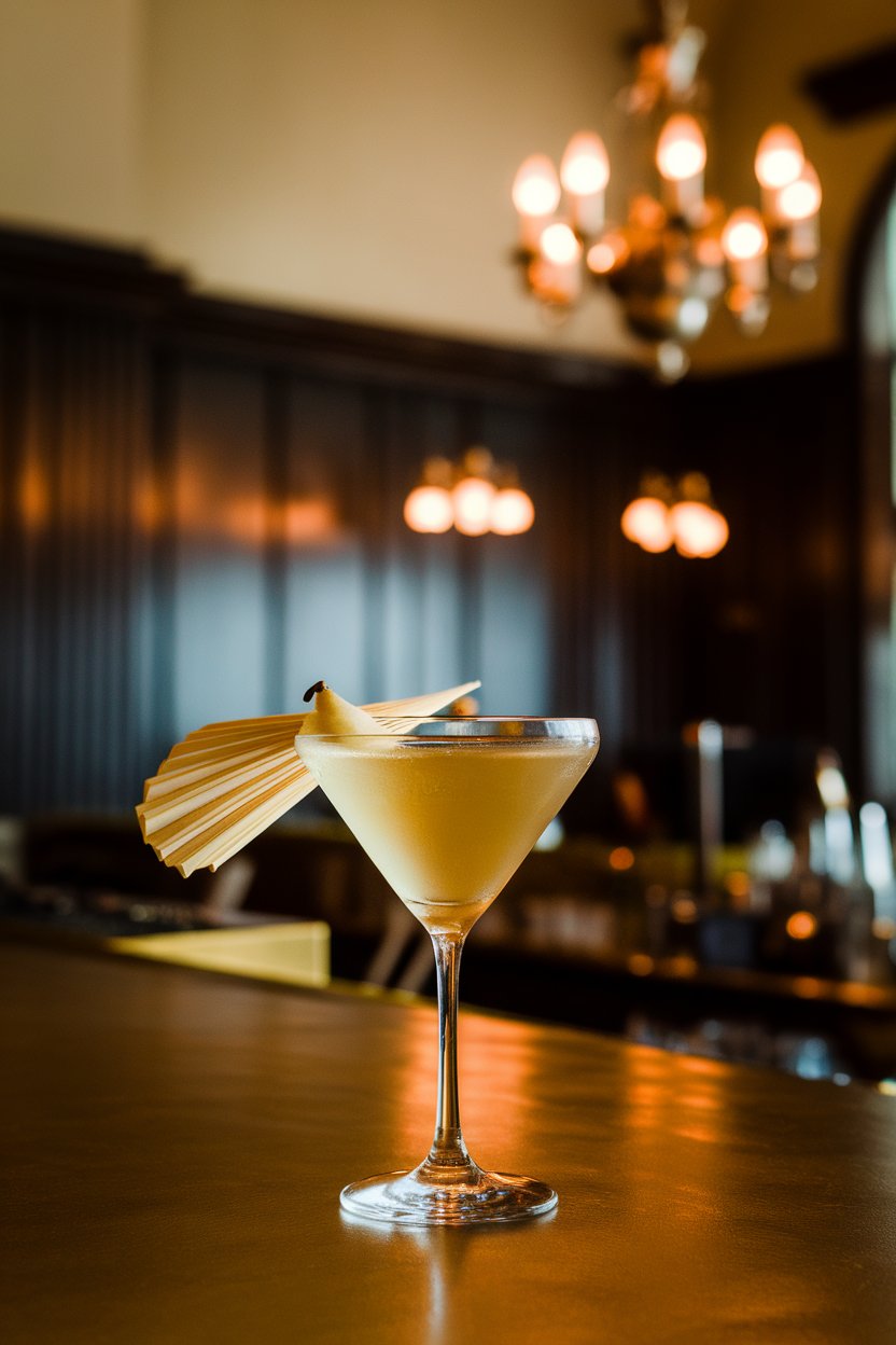 An indoor elegant bar with a martini glass Cardamom Pear Martini, thin pear fan floating. No text or logos.