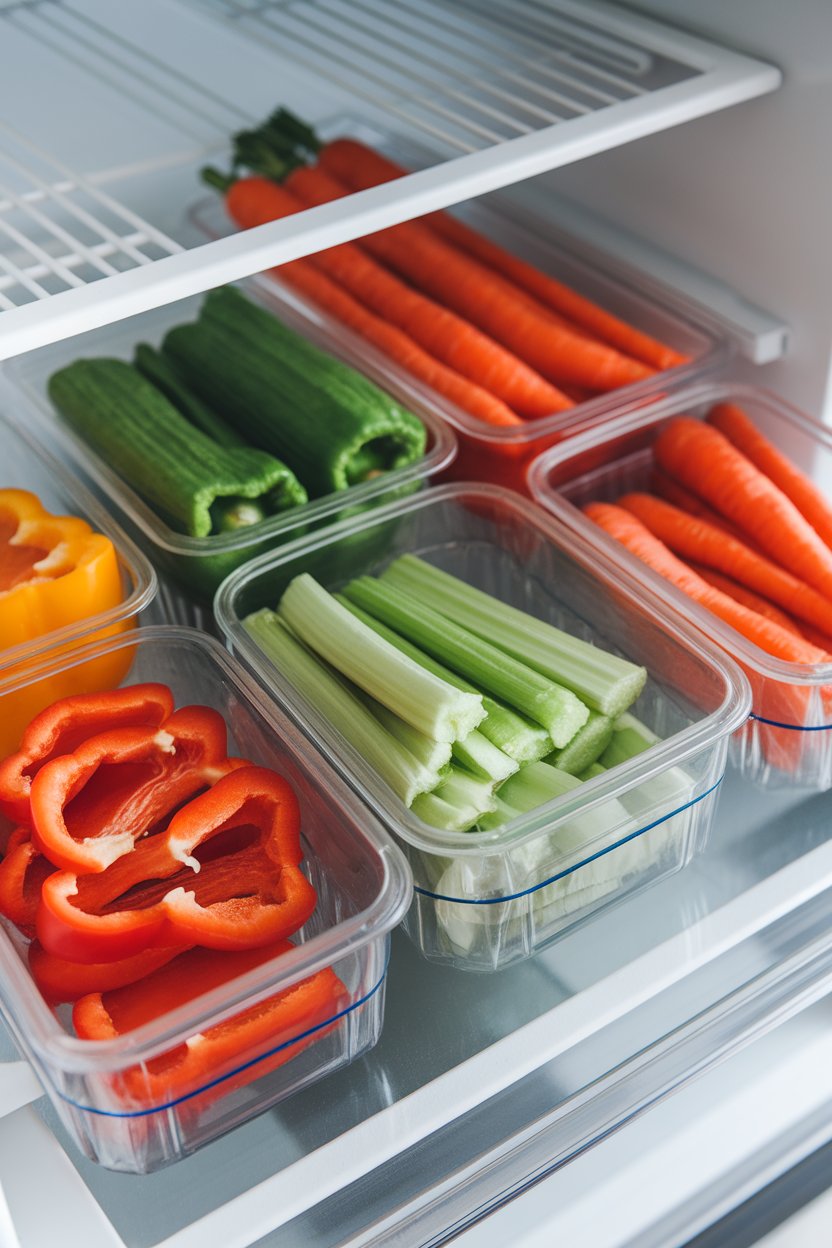 Photo — Pre-cut bell peppers, celery, and carrots in clear containers lined up in a refrigerator drawer indoors. No visible text or logos.