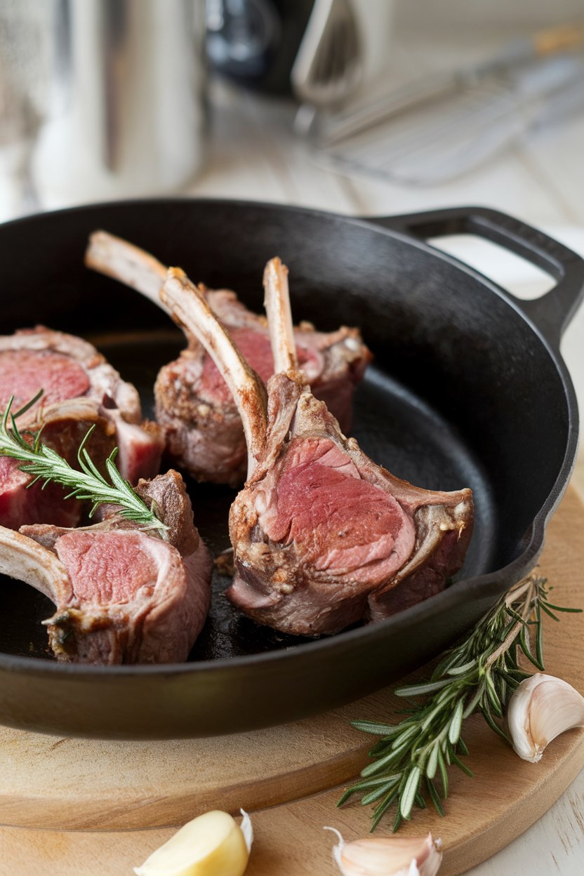 Indoor cast-iron pan with seared lamb chops, rosemary sprigs, and garlic cloves. No text or logos.