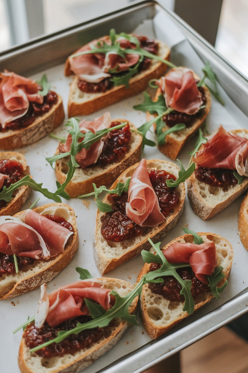 A tray indoors with toasted baguette slices topped with fig jam, prosciutto ribbons, and arugula—no text or logos. Photo.