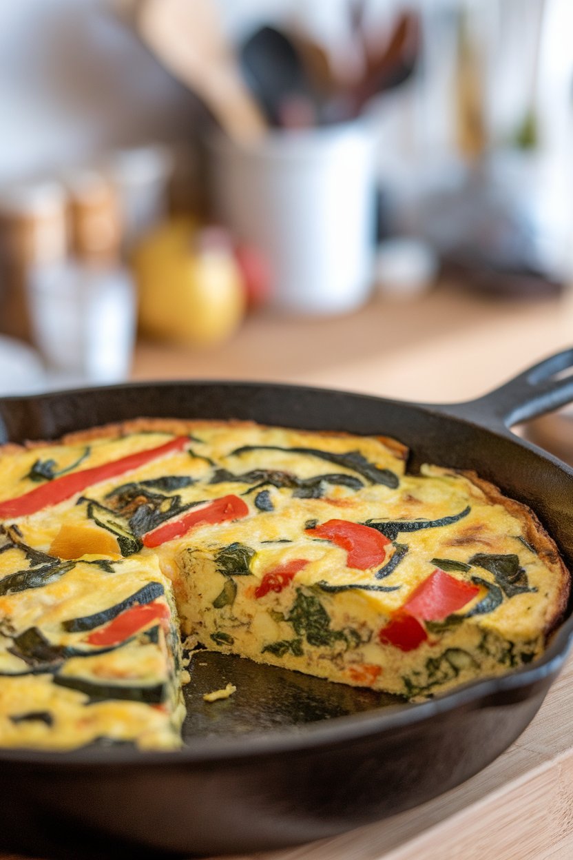 Indoor cast-iron skillet holding a colorful sliced frittata dotted with red pepper, spinach, and zucchini. No text or logos; photo.