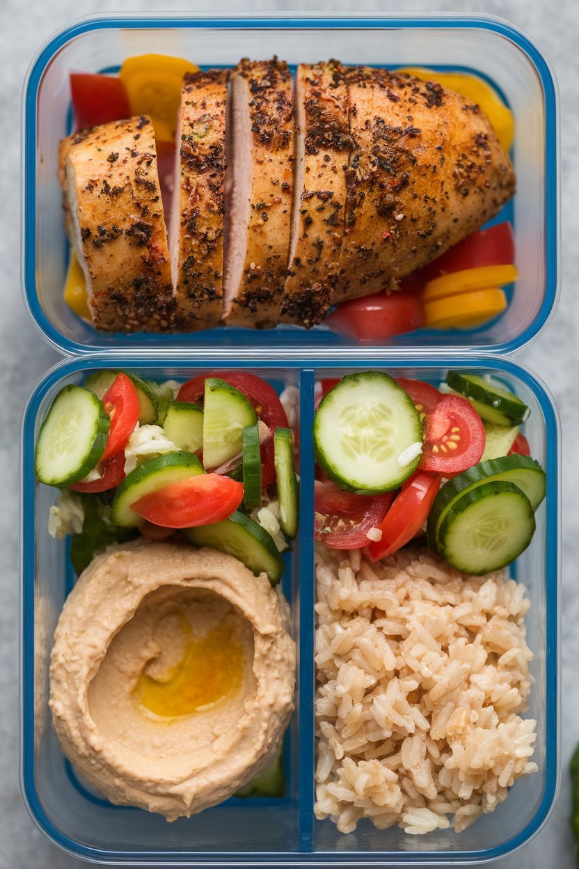 Indoor photo of sliced spiced chicken breast, cucumber-tomato salad, hummus, and brown rice arranged on a divided meal-prep container. No text or logos.