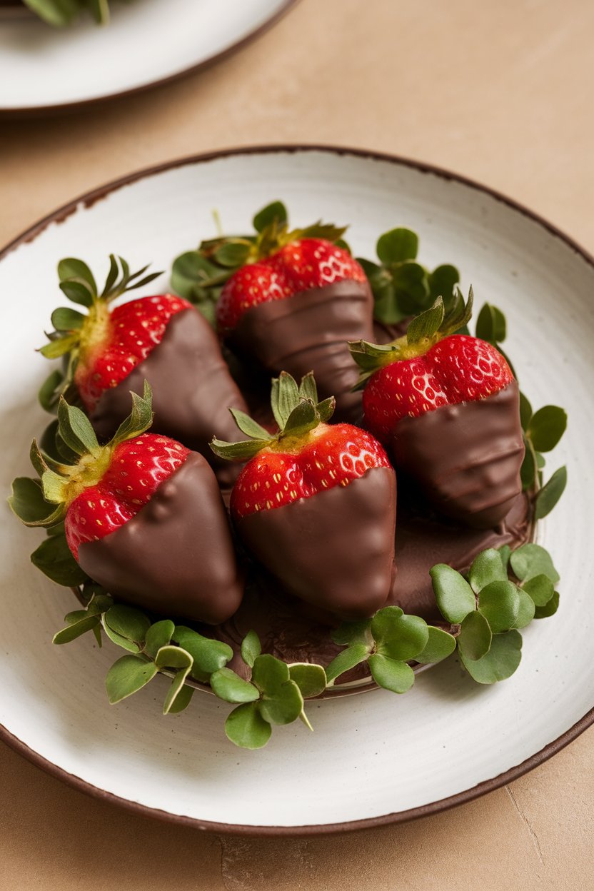 Photo of an indoor dessert plate with ripe strawberries half-coated in dark chocolate, glossy finish, no text or logos