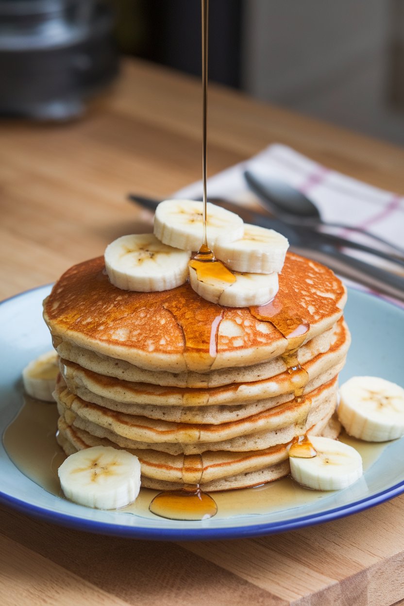Indoor breakfast photo of a short stack of golden oat-banana pancakes topped with sliced bananas and a drizzle of pure maple syrup. No text or logos on plate.