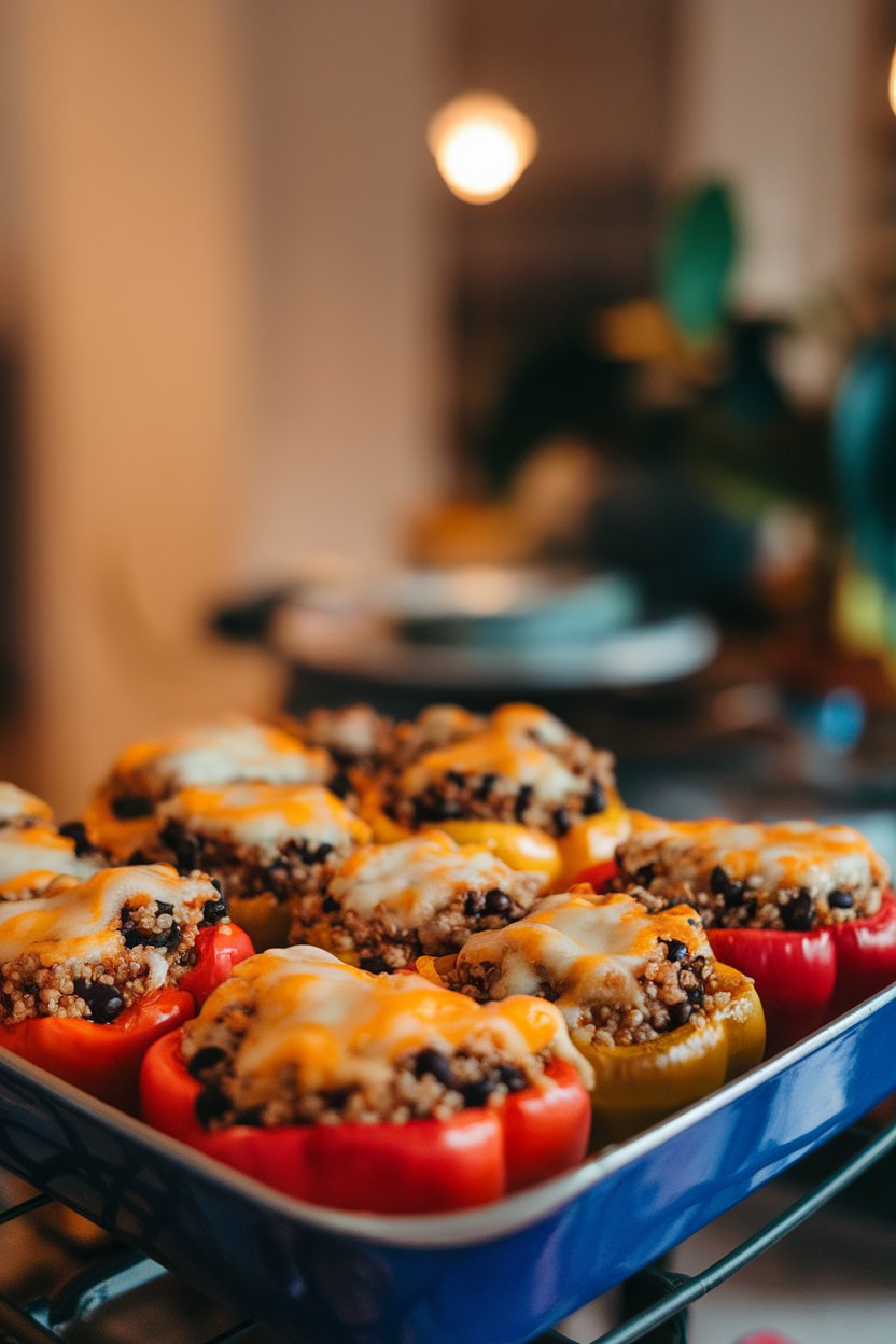 Photo of colorful bell peppers filled with quinoa and black beans, topped with melted cheese, sitting in a baking dish on an indoor table. No text or logos displayed.