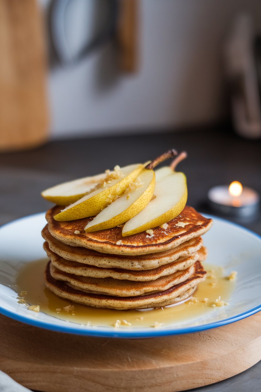Indoor scene with teff pancakes layered with pear slices, grated ginger on top; photo only.