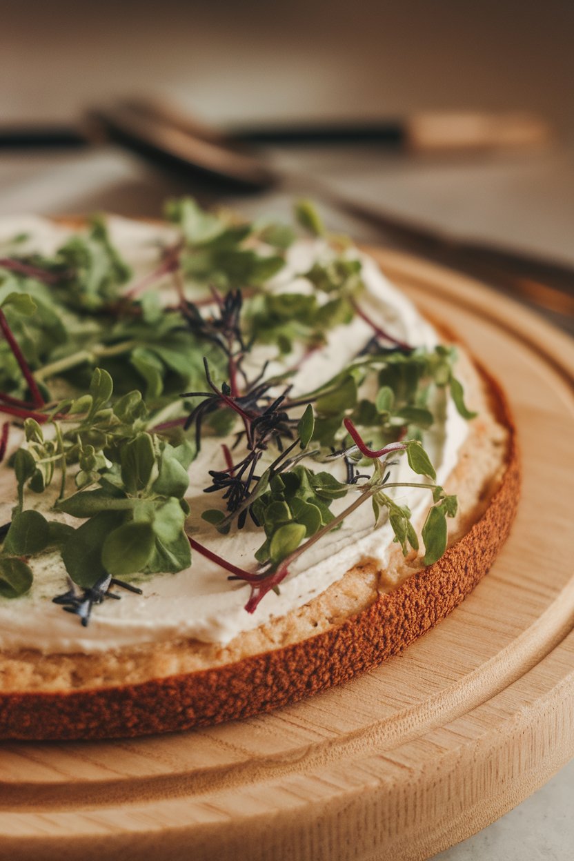 Indoor photo of rye crust pizza with creamy quark spread and mixed fresh herbs on a wooden board, no text or logos