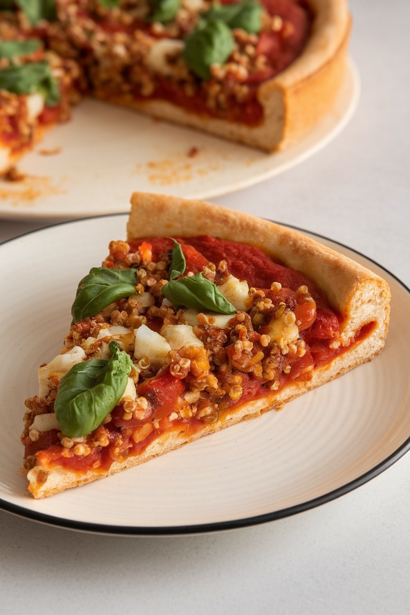 Indoor photo of thick cauliflower-quinoa deep dish pizza slice with chunky vegetable sauce on a white plate, no text or logos