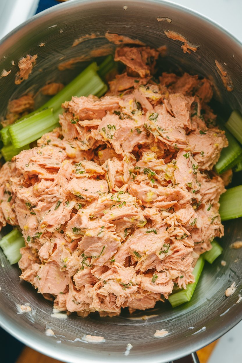 Indoor photo of a mixing bowl holding tuna salad lightly dressed with visible mustard specks, celery pieces included, no text or logos