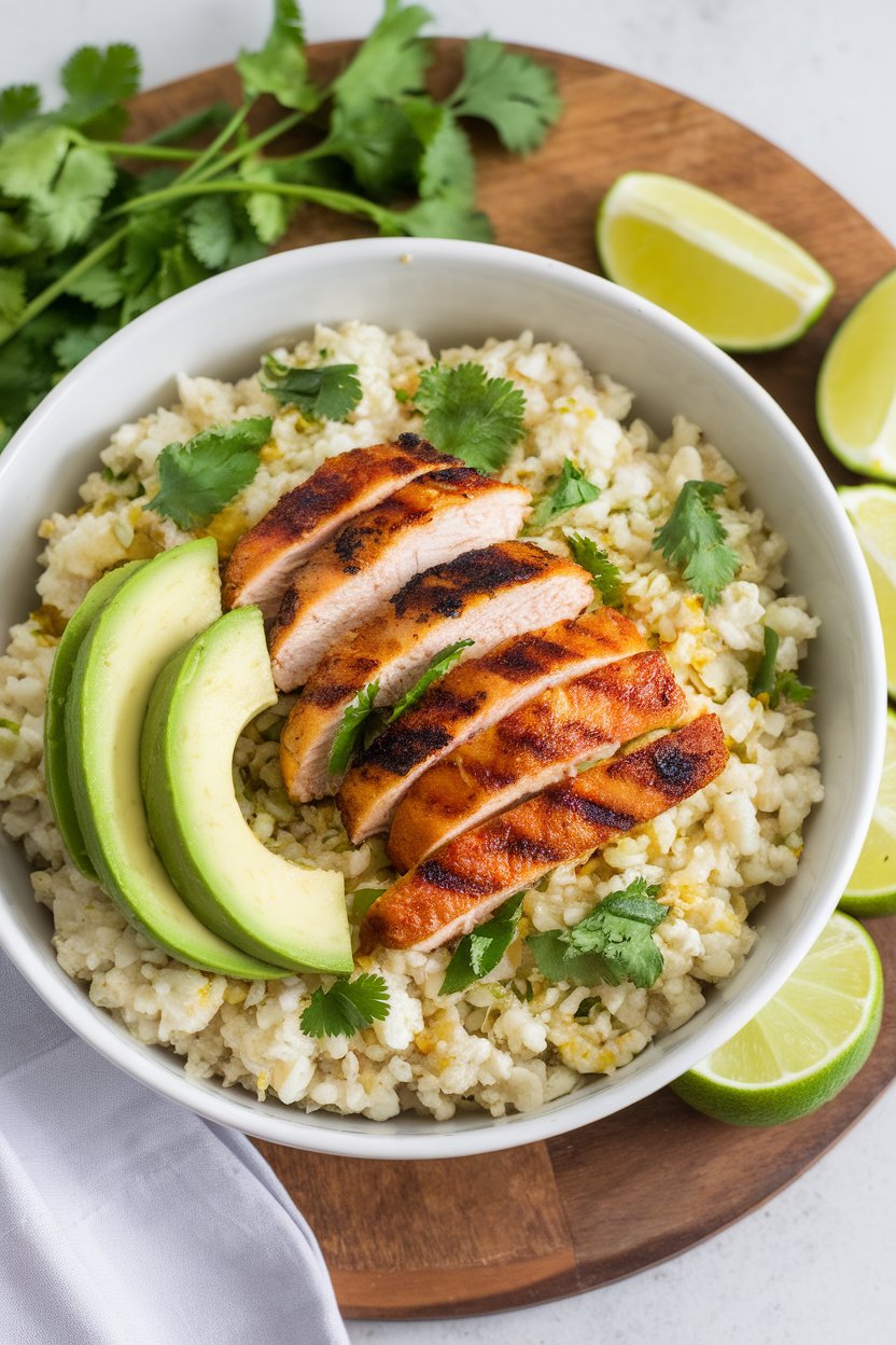 An indoor bowl filled with cauliflower rice mixed with cilantro and lime, topped with grilled chicken strips and avocado. No logos present.