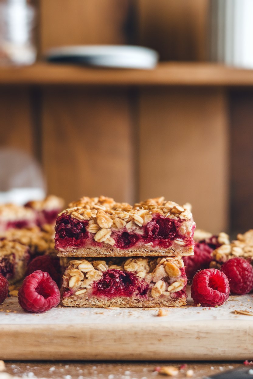 An indoor bakery-style cutting board holding raspberry oat bars with visible fruit layers, photo, no logos.