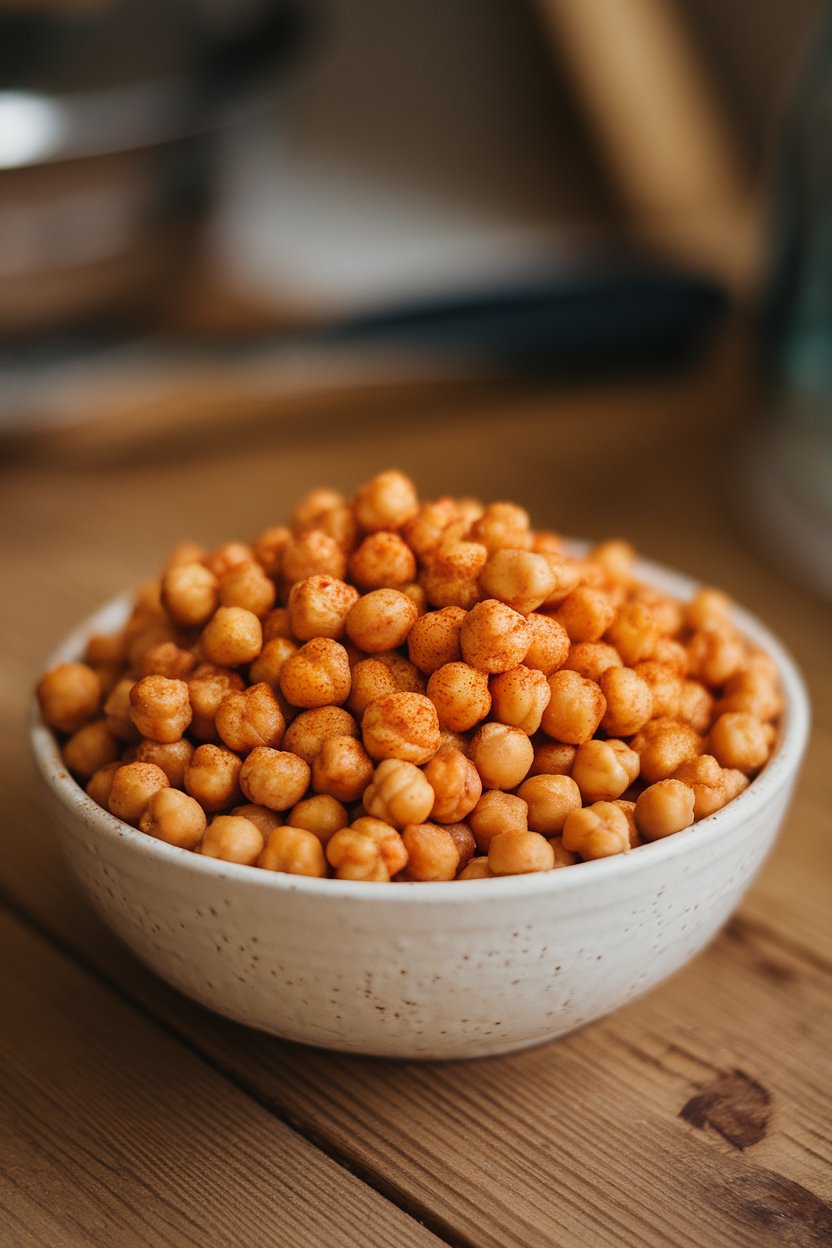 Indoor close-up photo of a white bowl filled with golden roasted chickpeas, lightly dusted with paprika, on a wooden table. No text or logos.