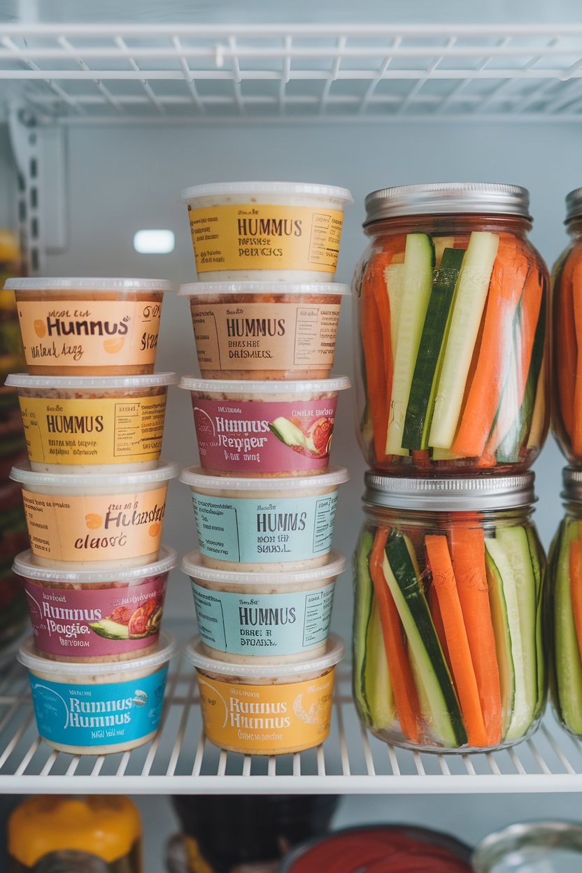 Refrigerator shelf photo of individual hummus cups stacked next to pre-cut veggie sticks in jars, no logos.