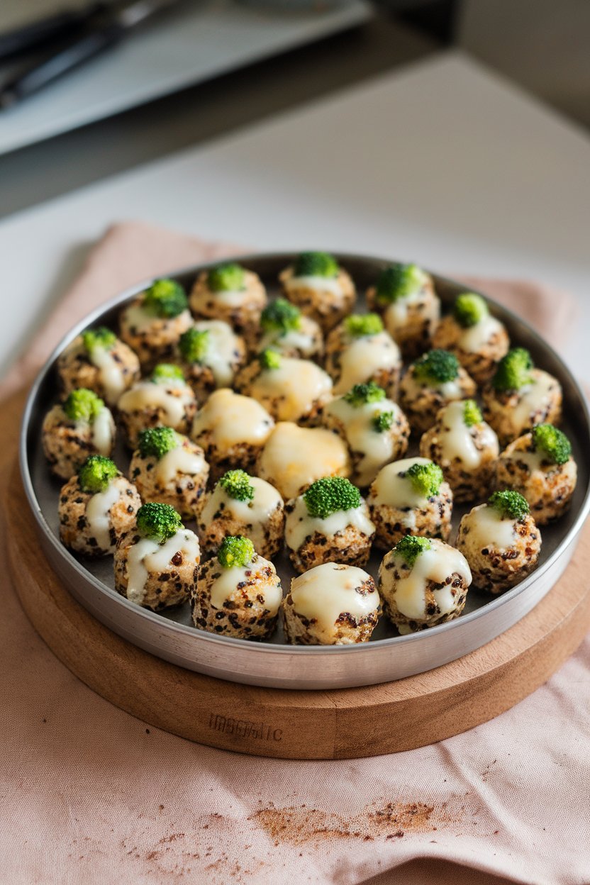 An indoor snack tray lined with small round quinoa bites speckled with green broccoli and melted cheese on top. No text or logos. Photo.