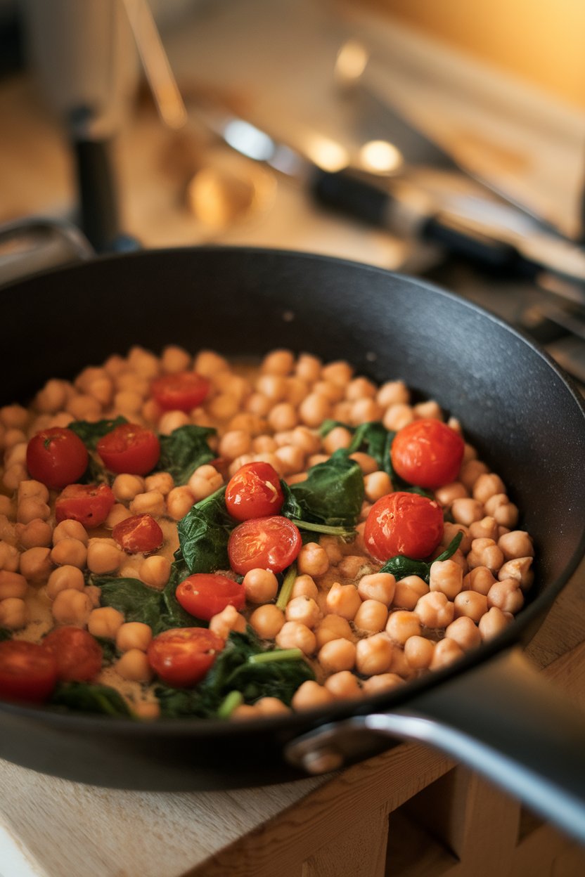 Indoor photo of chickpeas simmering with cherry tomatoes and spinach in a cast-iron pan. No text or logos; photo.