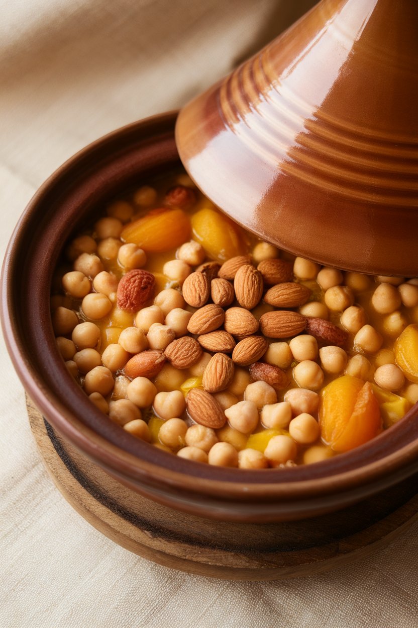 An indoor tagine pot filled with chickpeas, apricots, and root vegetables in fragrant saffron broth, almonds sprinkled on top. No text or logos; photo, not illustration.