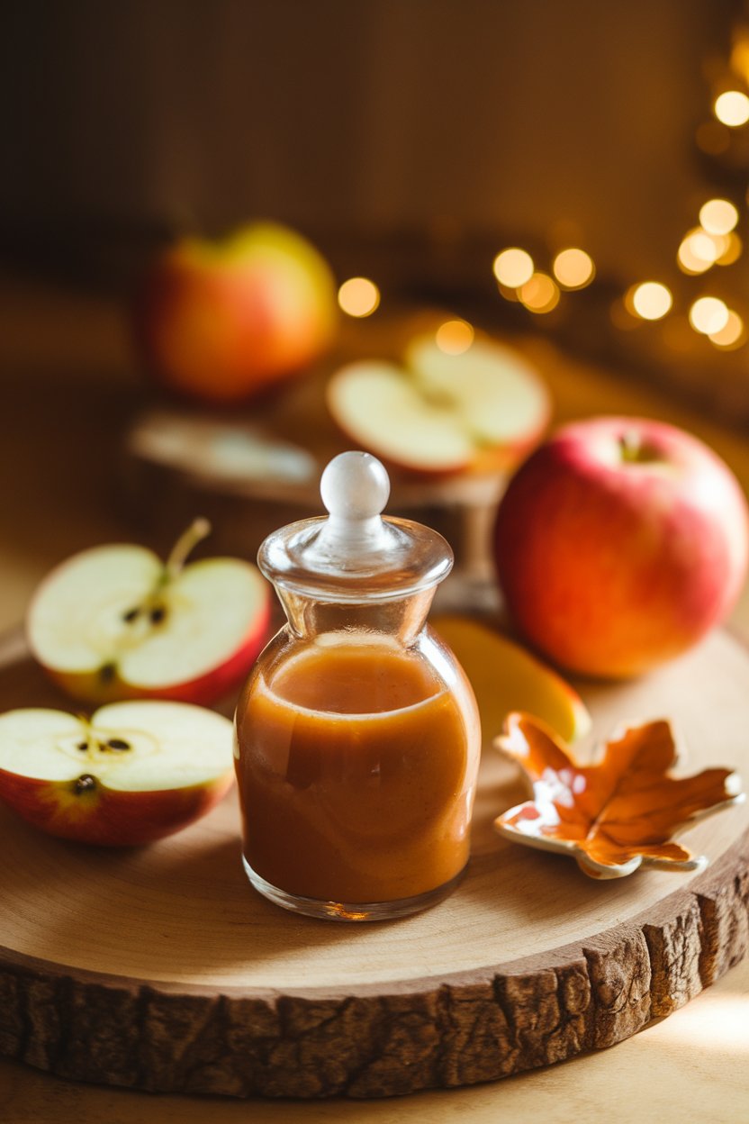 A warmly lit indoor setting with a glass cruet of amber apple cider maple dressing, apple slices, and a tiny maple leaf dish. Photo, not illustration. No text or logos.