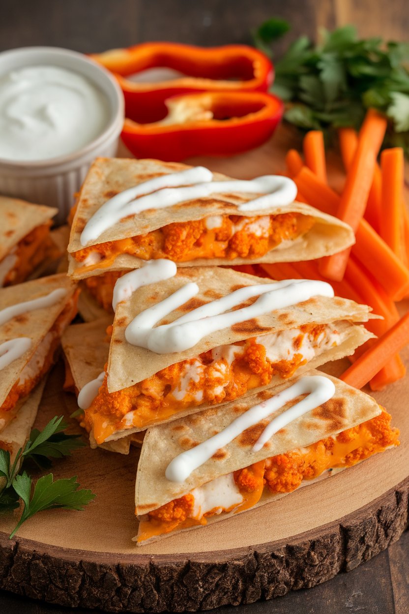Indoor serving board, buffalo cauliflower quesadilla wedges with drizzle of yogurt sauce, photo, no text or logos.