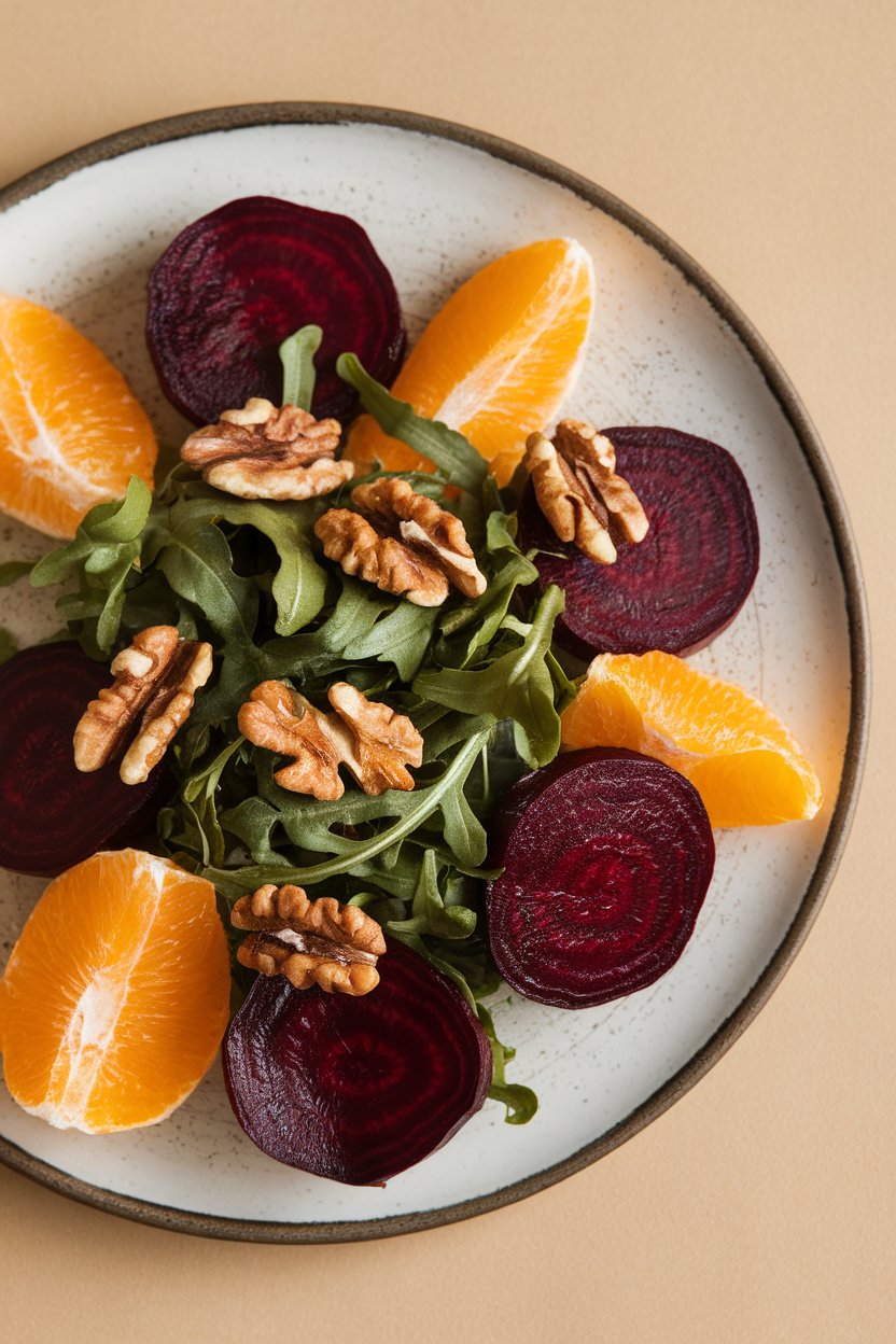 Indoor plate featuring sliced roasted beets, orange segments, baby arugula, and toasted walnuts, lightly dressed. No logos or text.