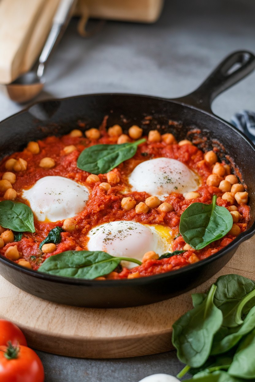 A cast-iron indoor skillet of chunky tomato sauce with poached eggs and chickpeas, spinach leaves peeking through; no logos.