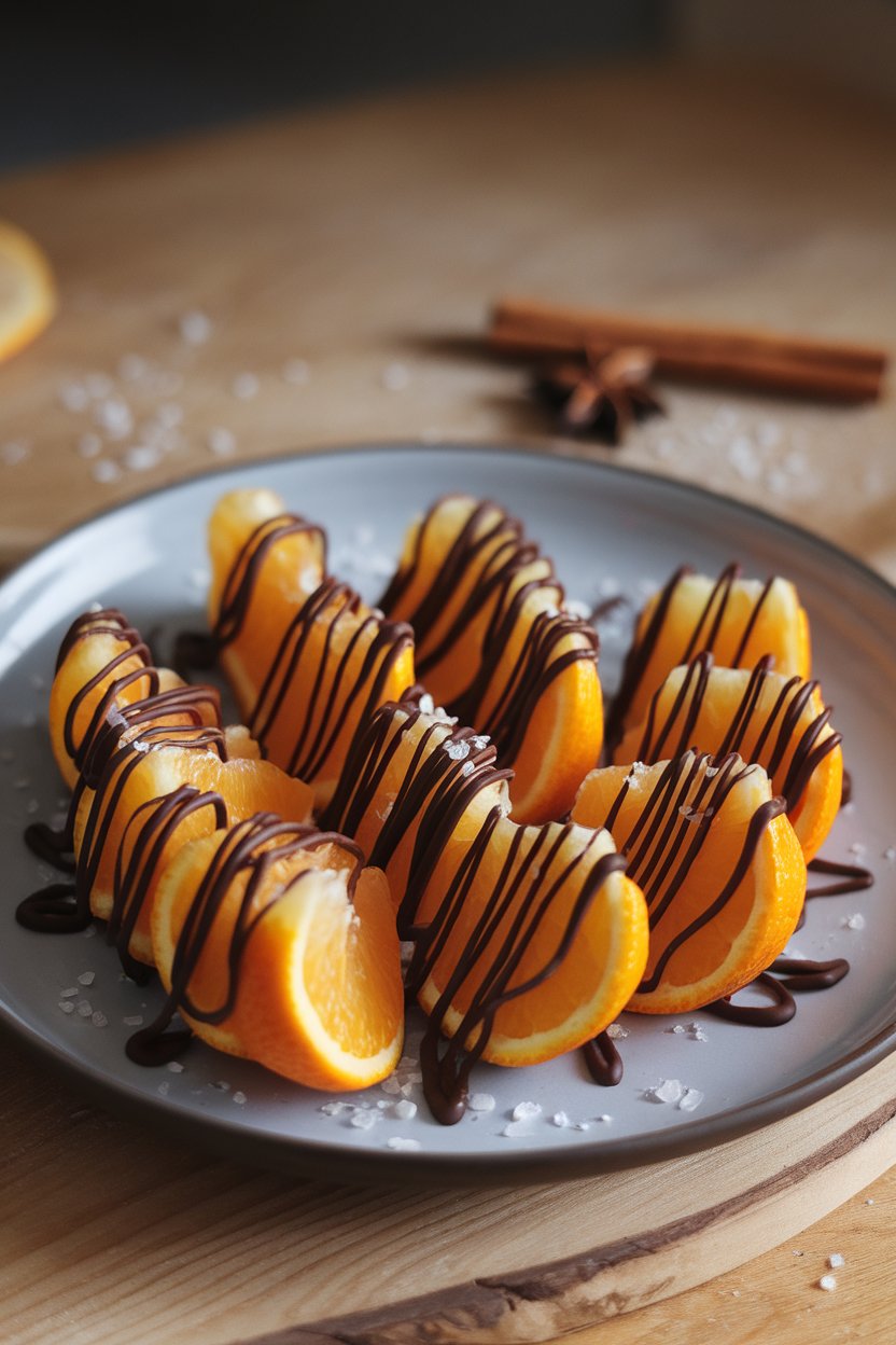 An indoor plate arranged with neatly cut orange wedges drizzled in dark chocolate, photo only, no text or logos.