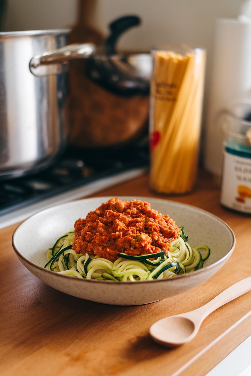 A shallow white bowl on an indoor countertop featuring spiralized zucchini noodles piled high and topped with chunky turkey Bolognese sauce. Warm lighting; no logos on utensils or linens.