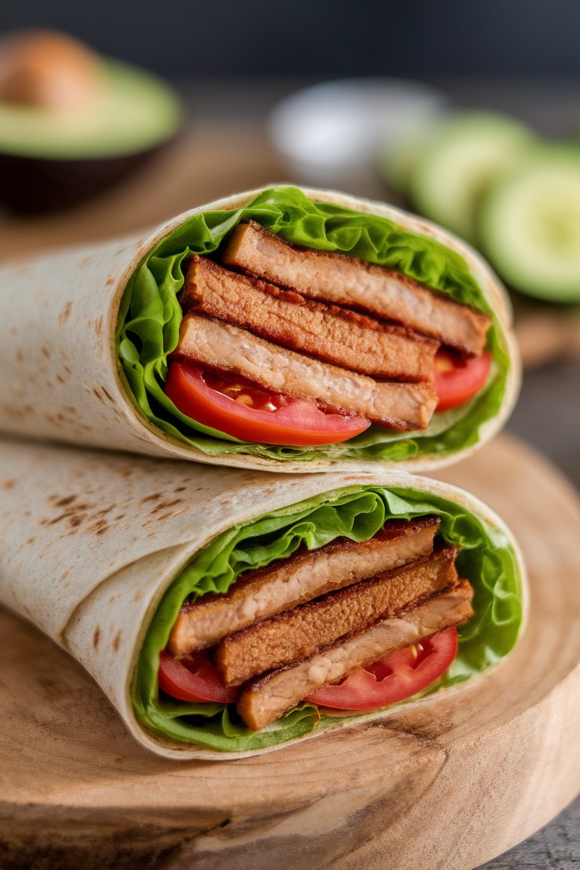 Indoor photo of a whole-wheat wrap cut in half showing tempeh bacon strips, lettuce, and tomato, no text or logos