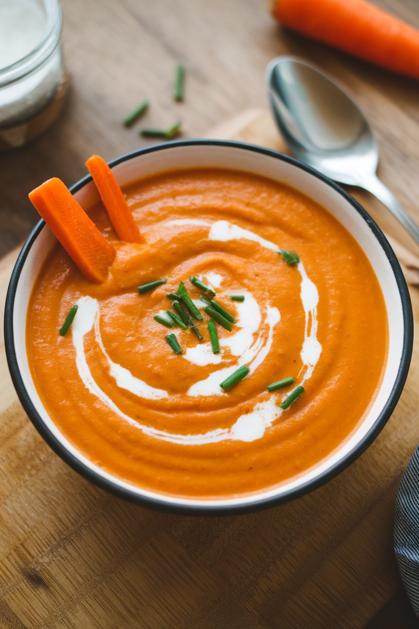 Photo prompt: An indoor soup bowl filled with creamy orange carrot soup garnished with a swirl of coconut milk and chopped chives, spoon resting nearby. No text or logos.
