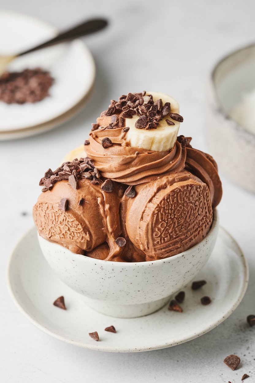 Indoor dessert bowl of creamy chocolate banana nice cream topped with cacao nibs—no text or logos.
