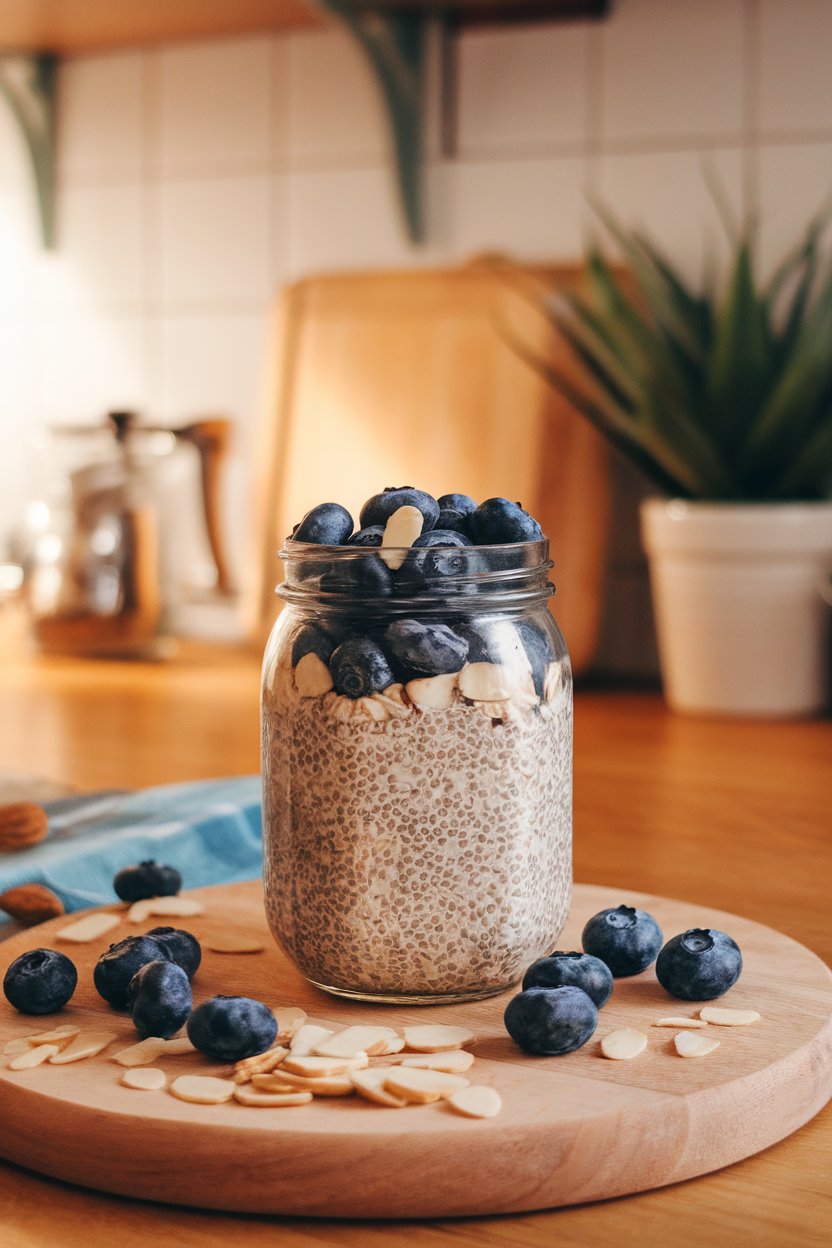 Photo of a jar with layers of chia oats, fresh blueberries, and sliced almonds, sitting on an indoor breakfast counter. No logos or text present.